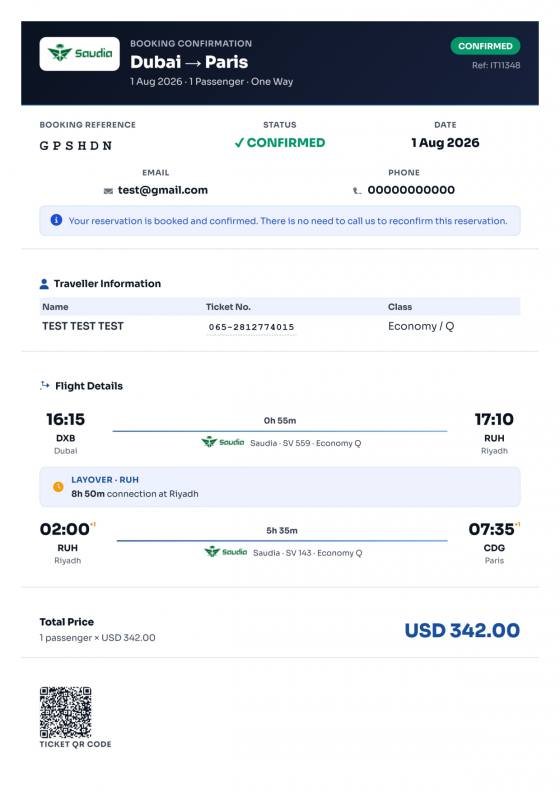 Sample of the Pro booking confirmation ticket style