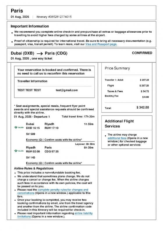 Sample of the Pro 2 flight itinerary ticket style