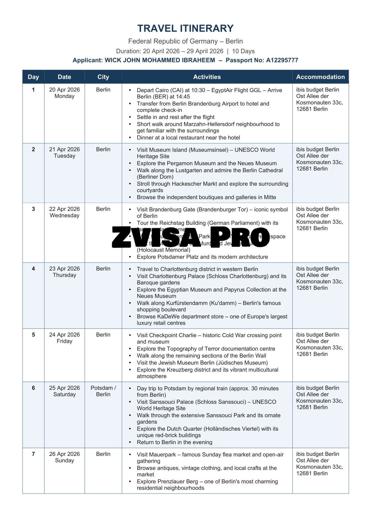 Travel itinerary sample page 1