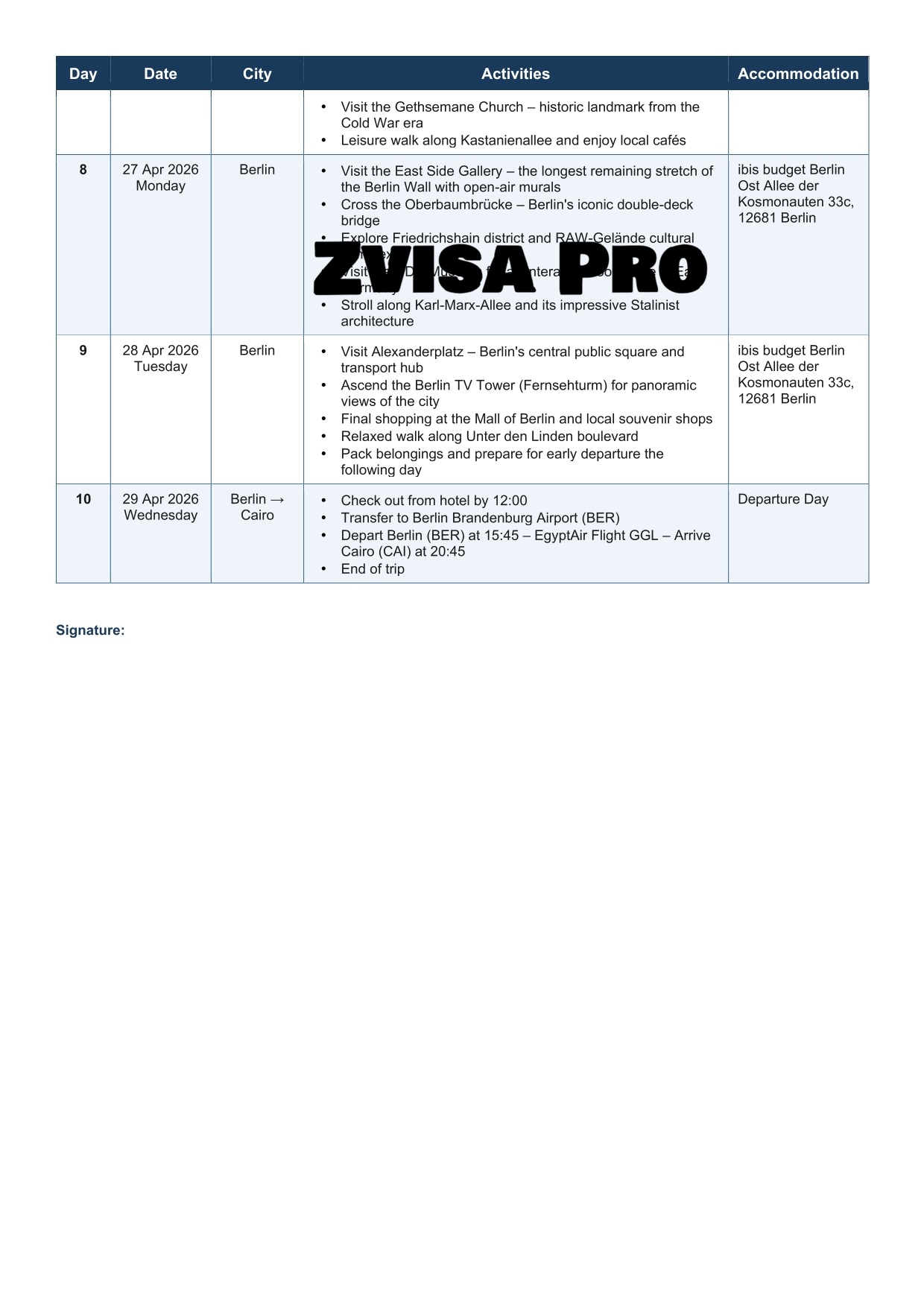 Travel itinerary sample page 2